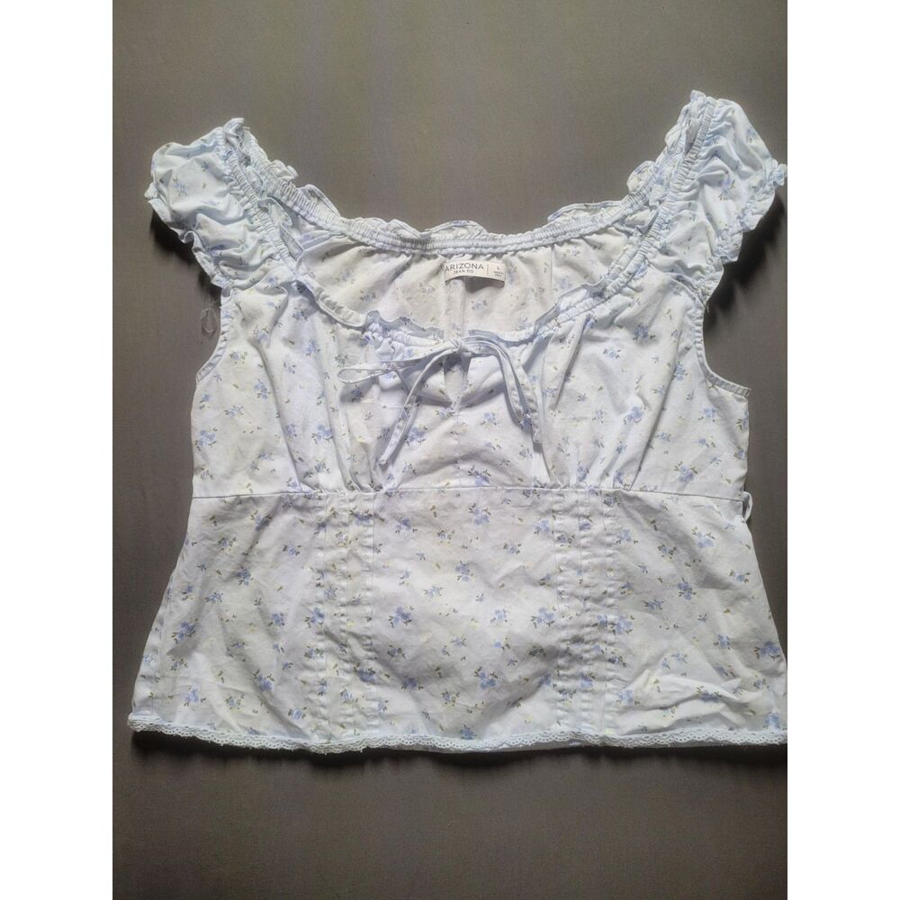 Arizona Jean Co Large Floral Milkmaid Top Cottagecore Peasant Blouse Light Blue